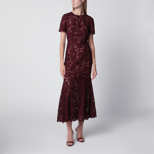 Burgundy Lace Midi Dress With Removable Belt
