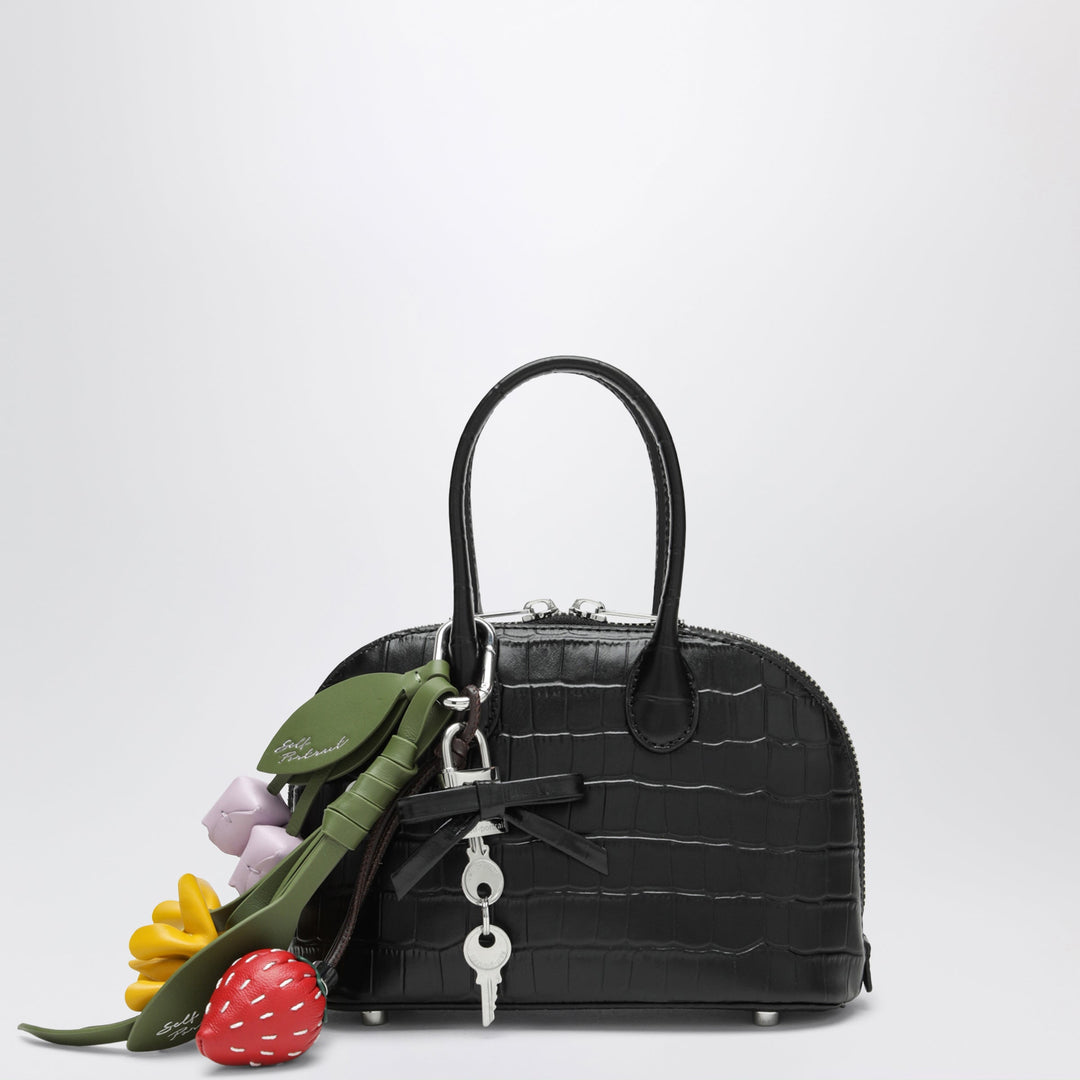 Self-Portrait Mini Black Bowling Bag In Embossed Leather