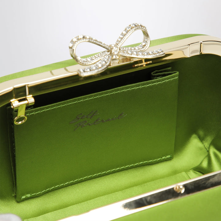 Self-Portrait Green Satin Clutch Bag