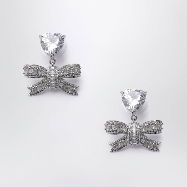 Heart Drop Earrings With Crystal Bow In Silver