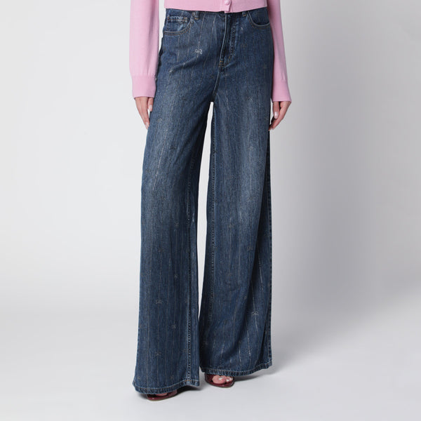 Wide-Leg Denim Jeans With Rhinestone Stripes In Blue