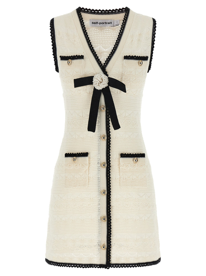 Self Portrait White Pointelle Knit Mini Dresses - White/Black | 2c98d8918b46faff65375e4e266eae3ae8762165