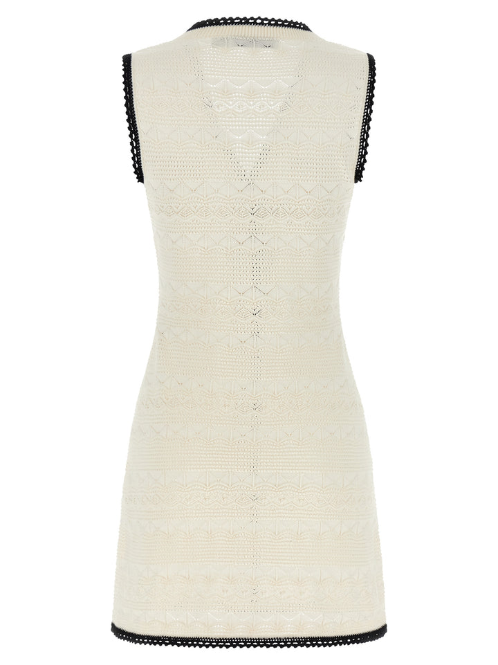 Self Portrait White Pointelle Knit Mini Dresses - White/Black | a318089ce2130d4fca2cd0d7afb5518d9cf19cc3