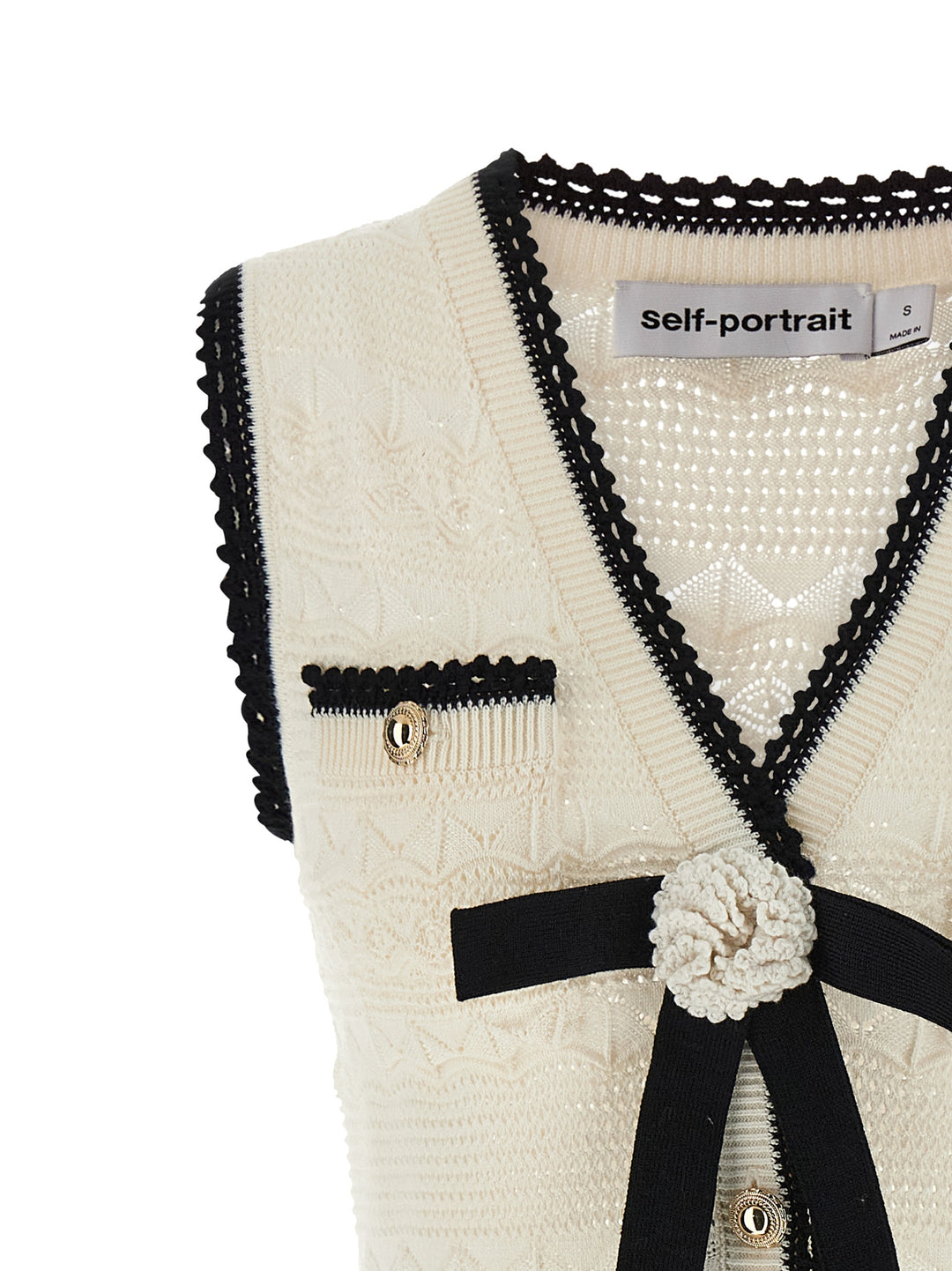 Self Portrait White Pointelle Knit Mini Dresses - White/Black | 261b14b78361f78d6ea955ab5453a0dd1e99105a