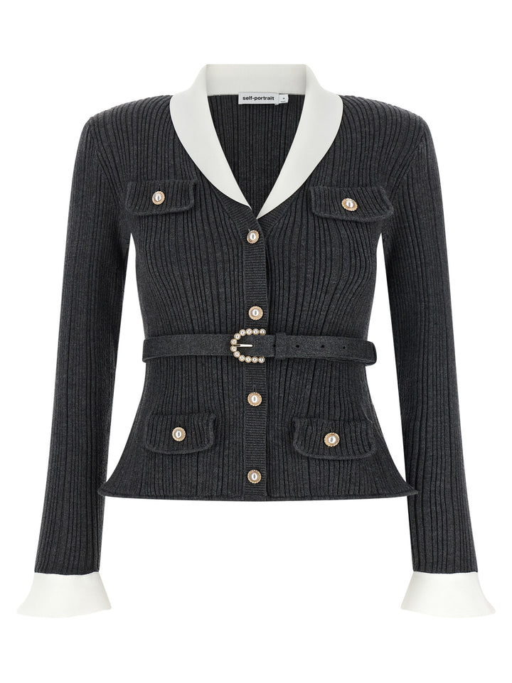 Self Portrait Ribbed Cardigan Sweaters and Cardigans - Gray | 67f3d4b42b8dd877c84d28532a8677a40f15c62e