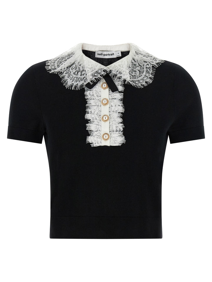 Self Portrait Black Knit Lace Collar Tops - White/Black | 25c028c3f1e8cd5cb1ab785b1877f8b6f18e6195