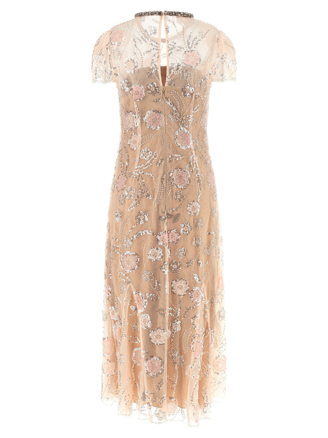 Self Portrait Pink Flower Sequin Embellished Midi Dresses - Pink | f234e377036850ac3c5230dcec797721c97d8eb4