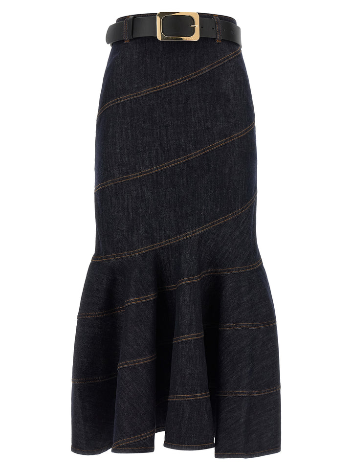 Self Portrait Indigo Denim Belted Midi Skirts - Blue | 4d29d8aa4c14f25d48b64593dedc16eb3dd6edb7
