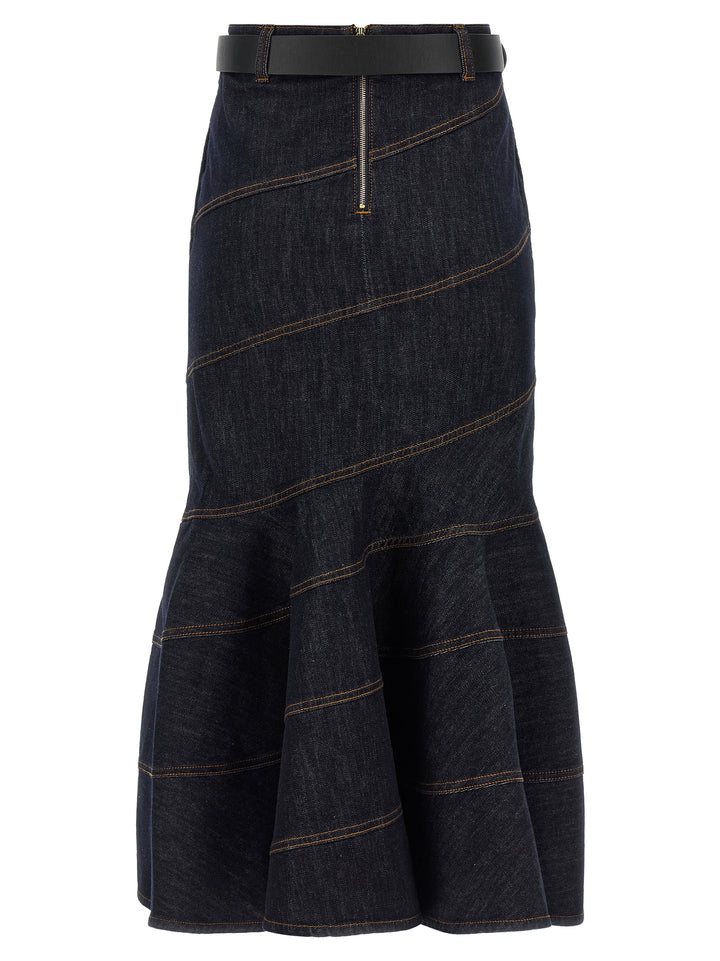 Self Portrait Indigo Denim Belted Midi Skirts - Blue | 7b0446e7189b50a62ea4ebc739b1feb575414261