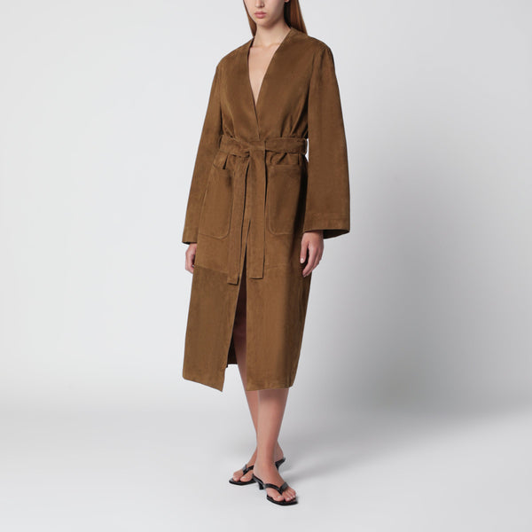 Ruelle Belted Coat In Brown Suede Leather