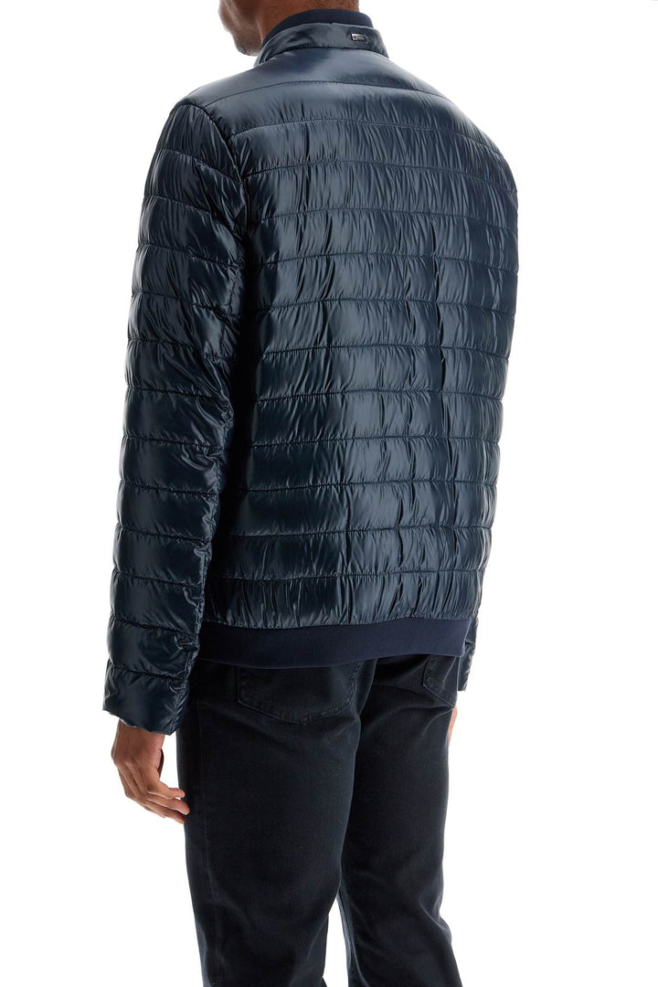 Dark Blue Lightweight Quilted Nylon Down Jacket With High Collar