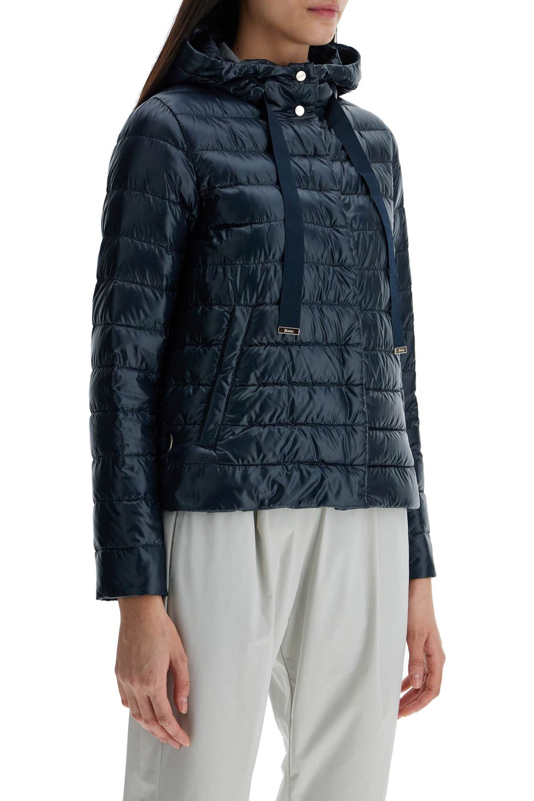 Cropped Down Jacket With Hood In Ultralight Dark Blue Nylon