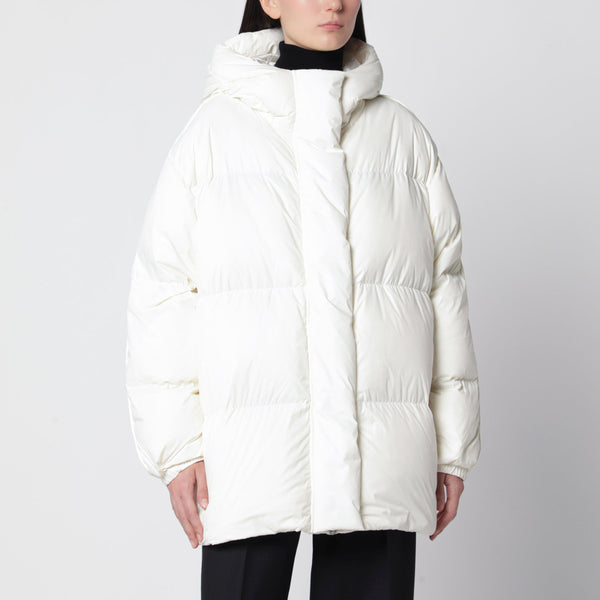 White Short Down Jacket In Nylon With Hood