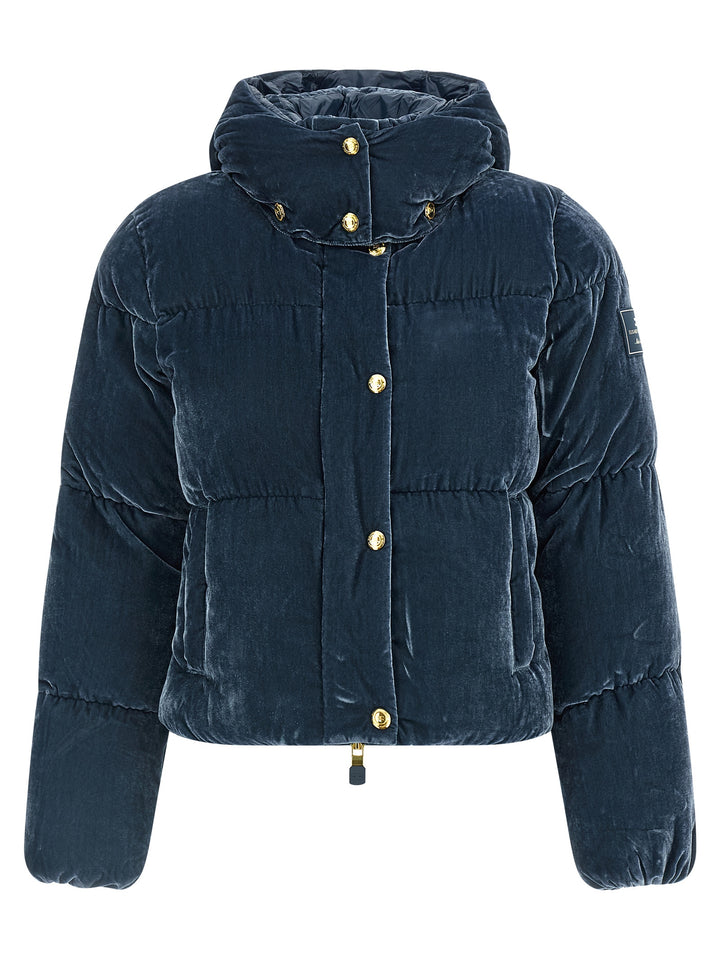 Elisabetta Franchi Velvet Down Jacket Puffer Jackets - Blue | 58fb7bb924d08bd6500c6454caf484f641b119c5