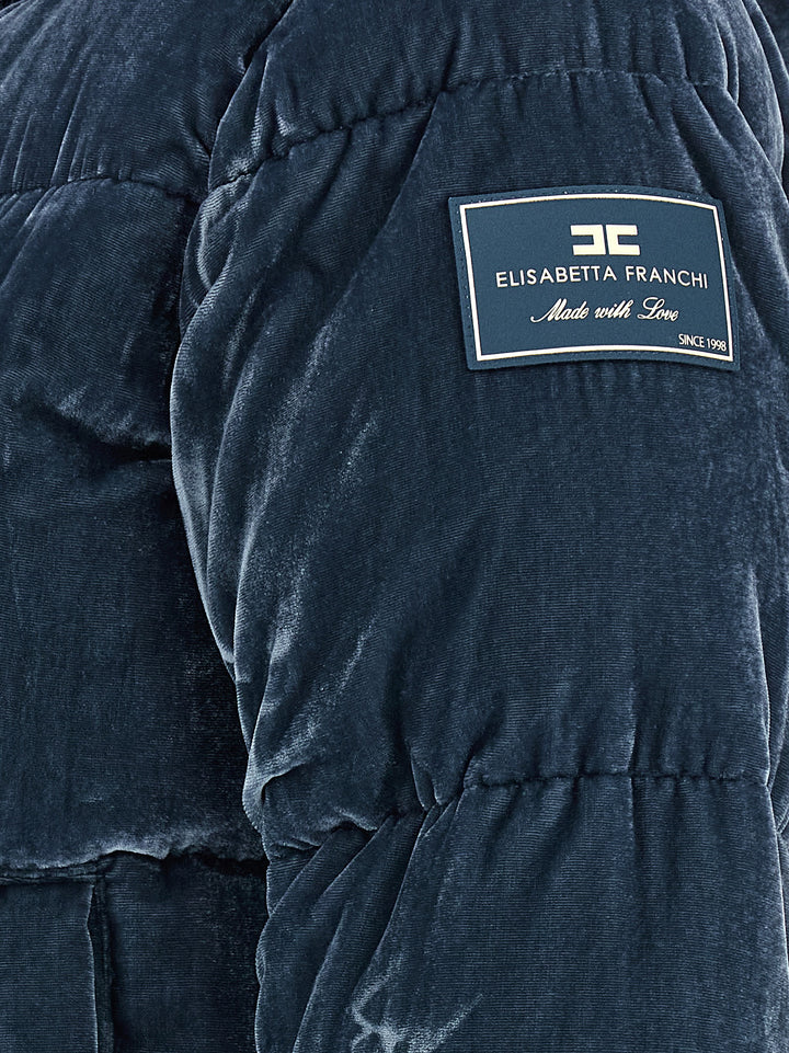 Elisabetta Franchi Velvet Down Jacket Puffer Jackets - Blue | 8197ac4ef2861e9d7bc515fd2f9a248ed572acd3