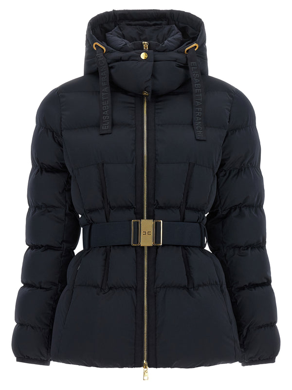 Belted Down Jacket With Logo Buckle Puffer Jackets Black