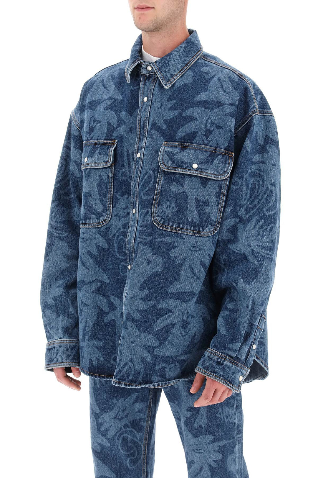 'Palmity' Overshirt In Denim With Laser Print All Over