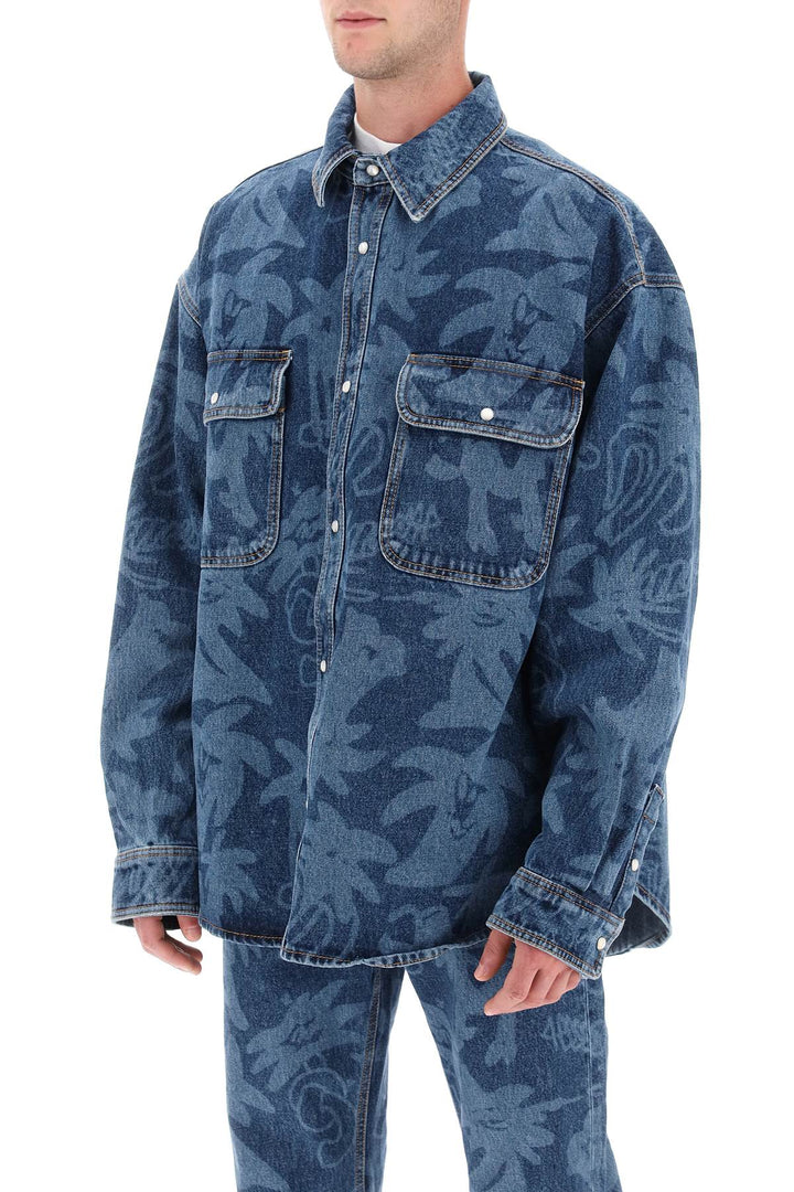 'Palmity' Overshirt In Denim With Laser Print All Over