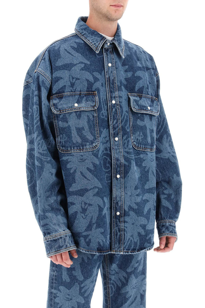 'Palmity' Overshirt In Denim With Laser Print All Over