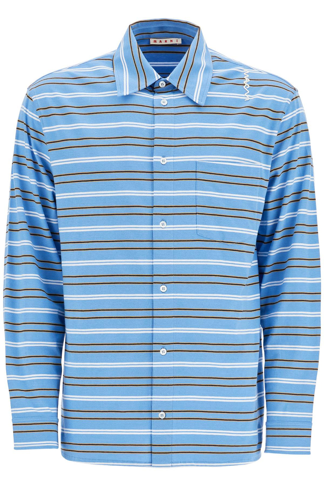 Light Blue Cotton Turtleneck Polo With Horizontal Stripes