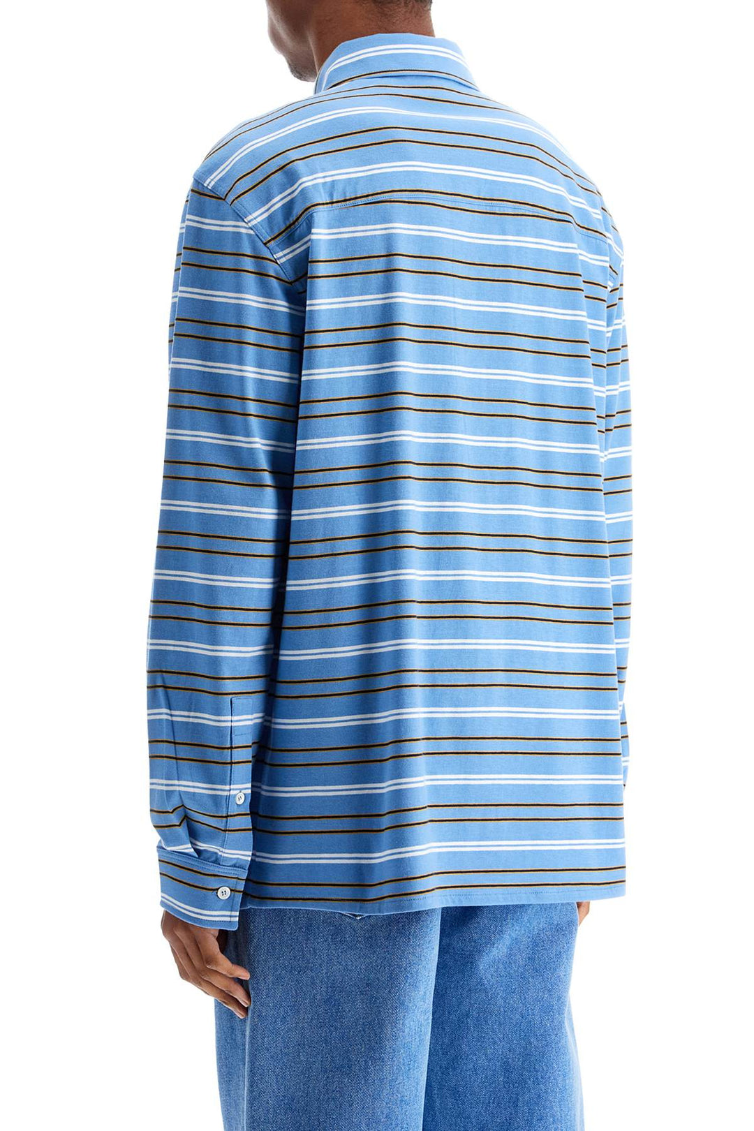 Light Blue Cotton Turtleneck Polo With Horizontal Stripes