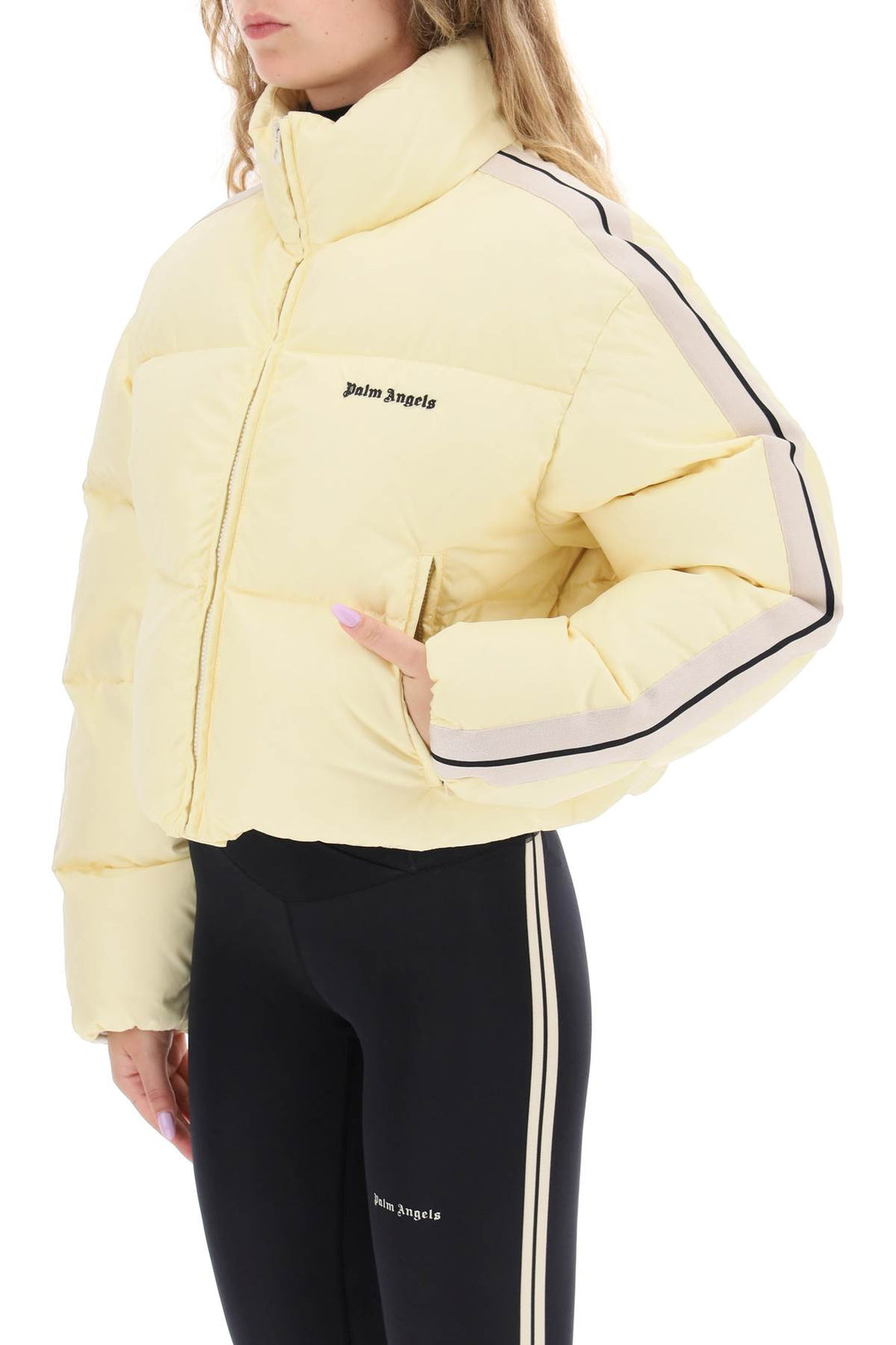 Cropped Puffer Jacket With Bands On Sleeves