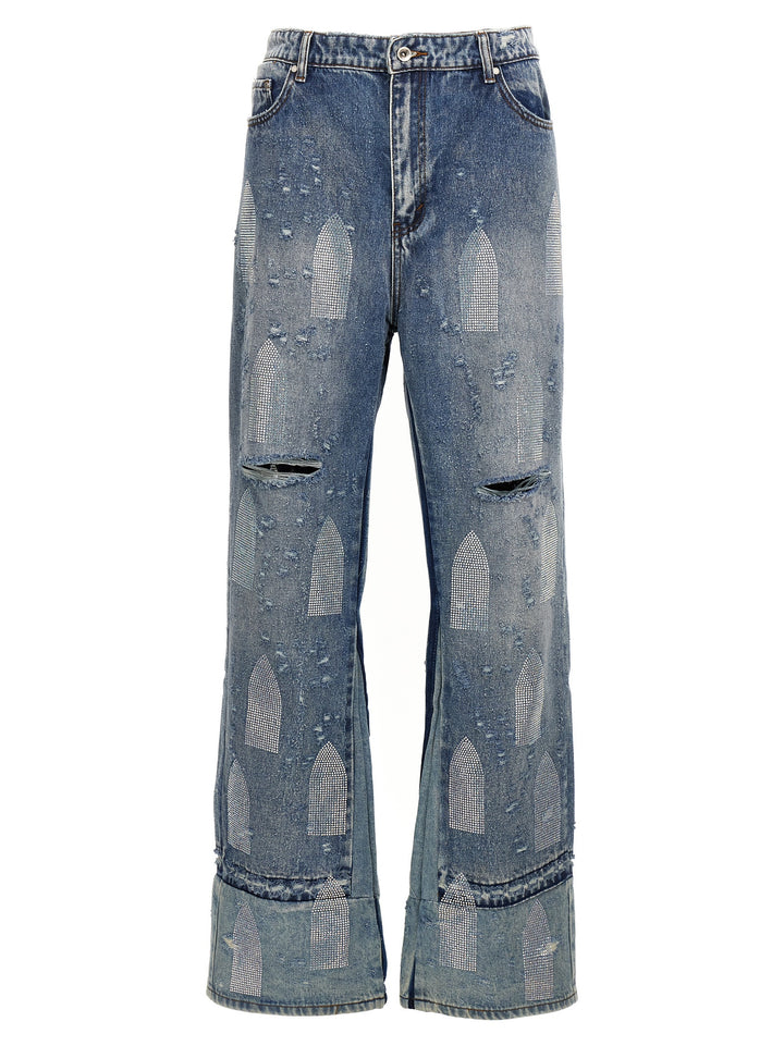 Rhinestone Washed Denim Jeans Light Blue