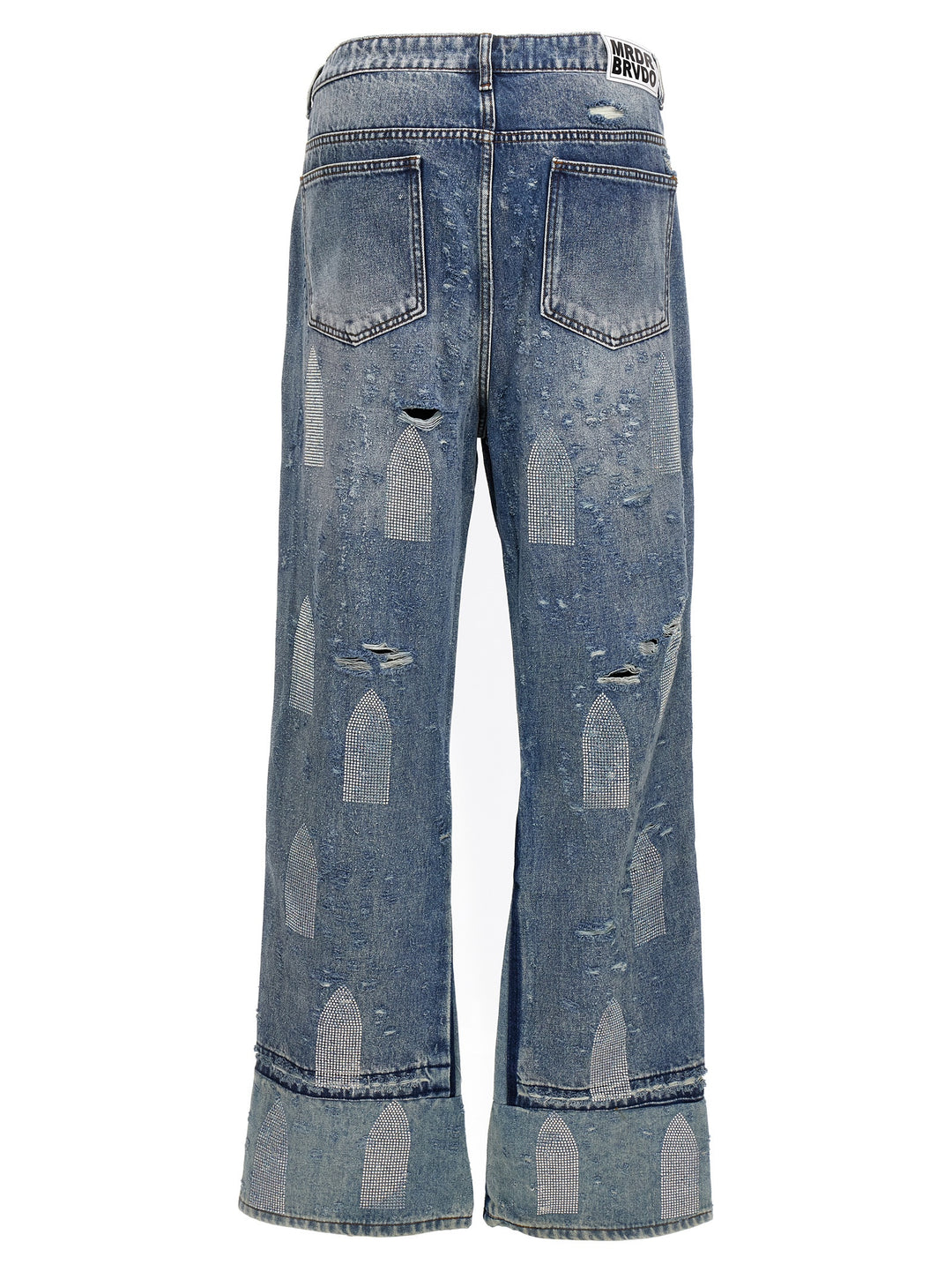 Rhinestone Washed Denim Jeans Light Blue