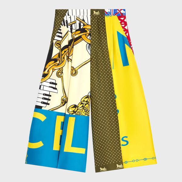 Cropped Trousers In Ivory/Blue/Yellow Silk Twill
