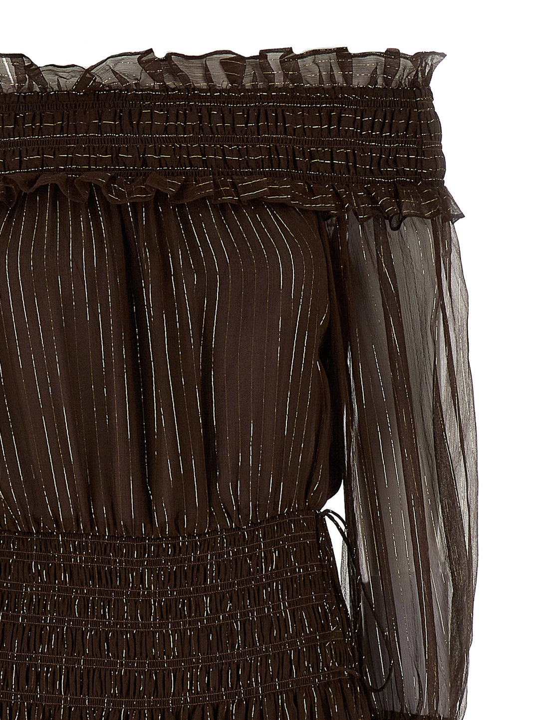 Self Portrait Brown Georgette Off Shoulder Maxi Dresses - Brown | d56cbefed4f36537ca113625ec2f4fd6dae26c07