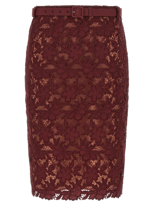 Burgundy Guipure Lace Midi Skirts Bordeaux