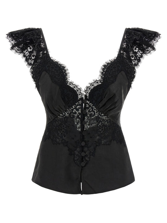 Black Satin Lace Tops Black