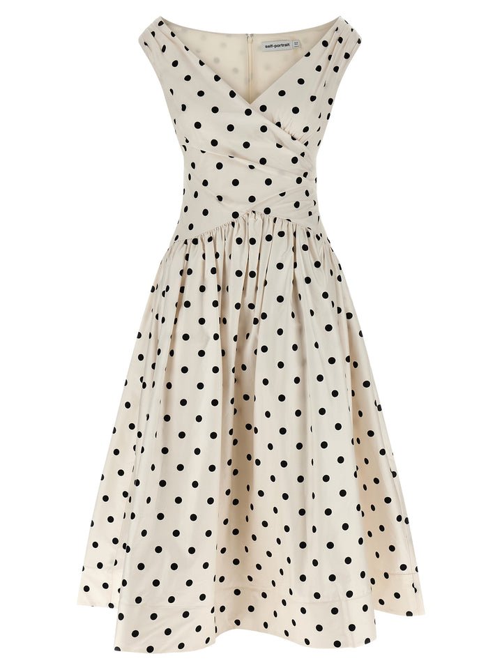 Self Portrait Cream Polka Dot Cotton Midi Dresses - White/Black | be792bc7ae6cc053be197f0a2b7980c106efaad4