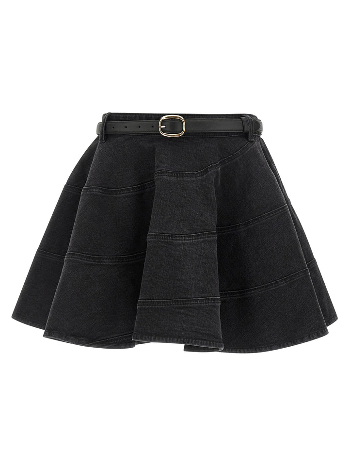 Self Portrait Black Flared Denim Mini Skirts - Black | 86070d9471841a13c380ab86970ae14592b13b2b