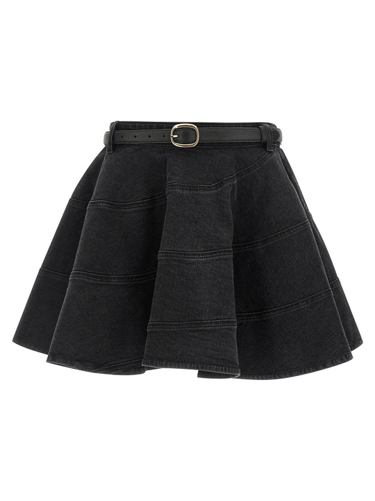Black Flared Denim Mini Skirts Black