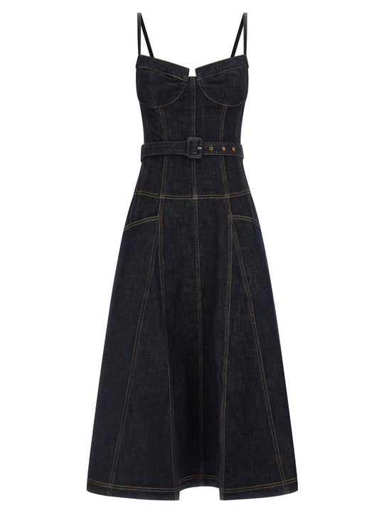 Indigo Denim Flared Midi Dresses Blue