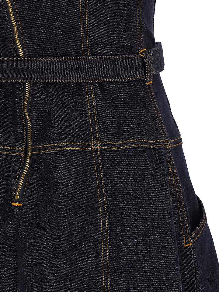 Self Portrait Indigo Denim Flared Midi Dresses - Blue | dcbfad5dad1f6f5e8582631b87af0a79905839b6