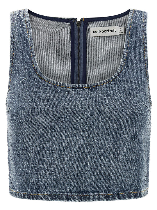 Rhinestone Denim Crop Tops Blue