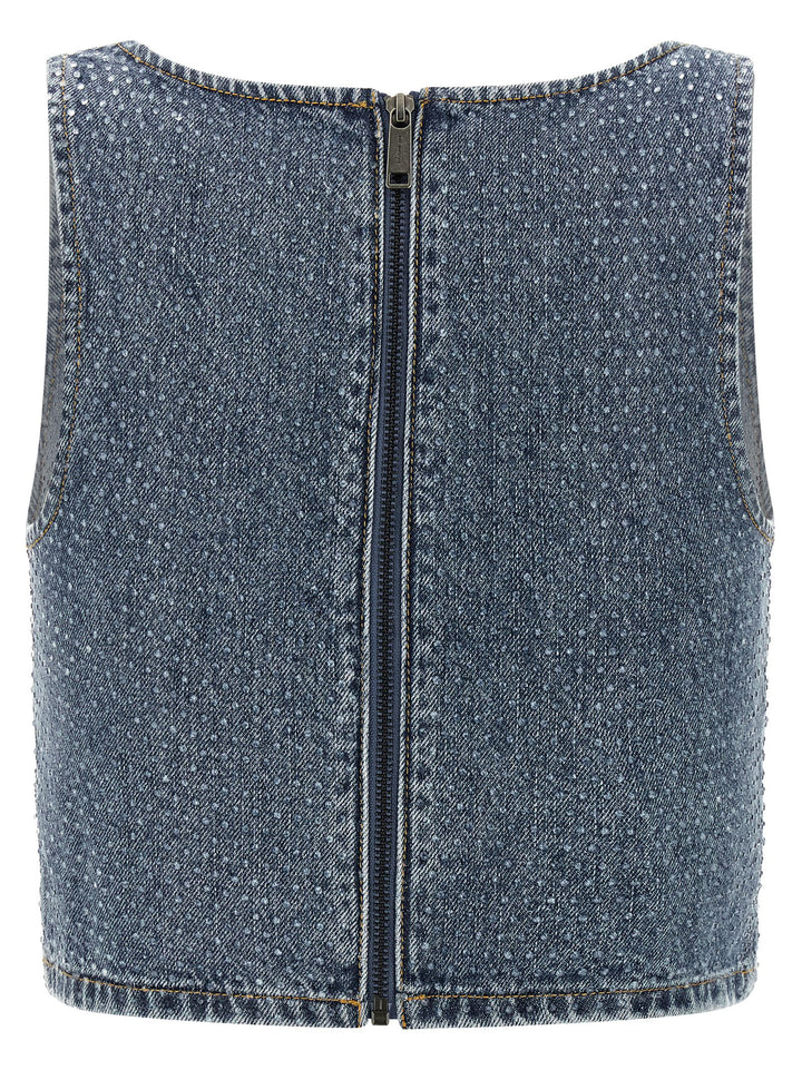 Self Portrait Rhinestone Denim Crop Tops - Blue | f2d864fb9ebd99207553f29172f18e2e7150afe8