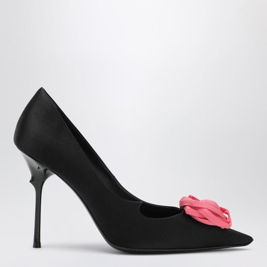 Black Satin Pumps With Rose