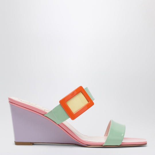 Belle Vivier Wedge Mules In Green/Purple Patent Leather