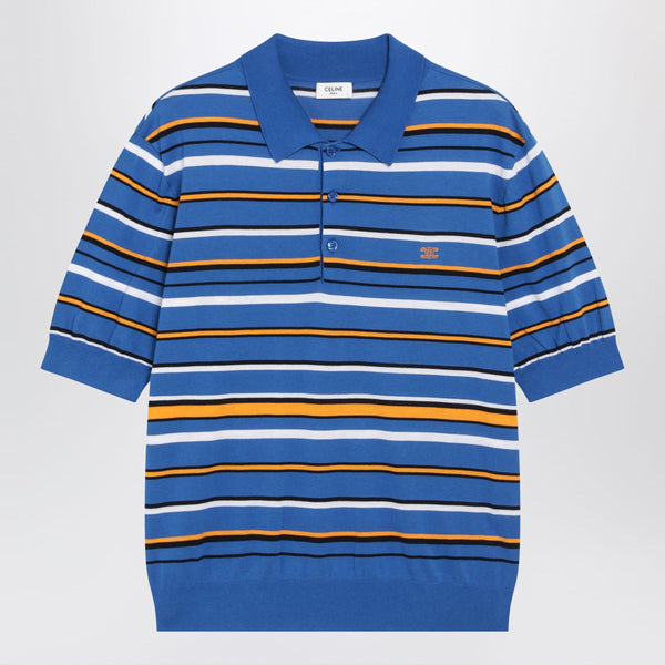 Light Blue Striped Cotton Knit Polo Shirt