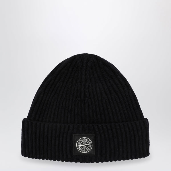 Navy Wool Beanie With Compass Patch