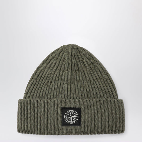 Green Ribbed Wool Beanie With Compass Patch