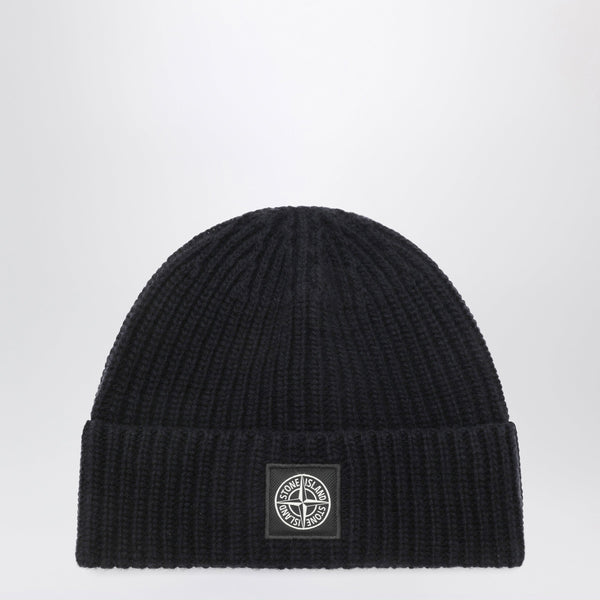Navy Blue Wool Beanie With Compass Patch