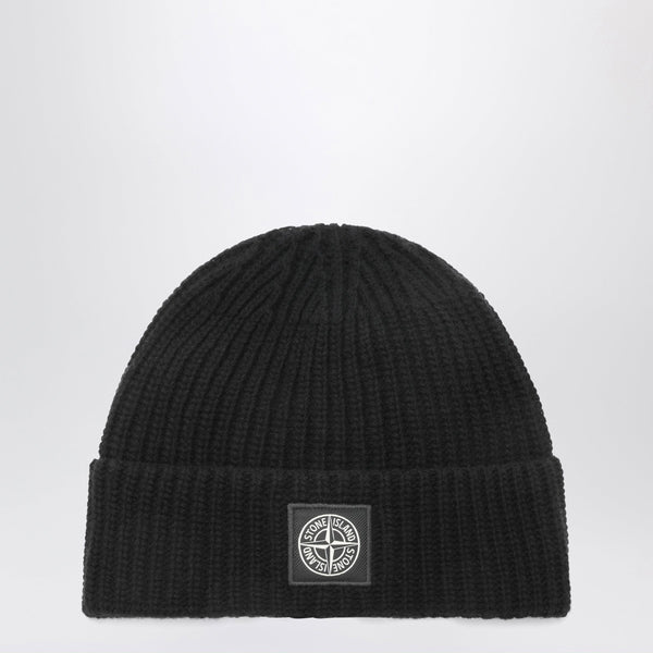 Black Wool Beanie With Compass Patch