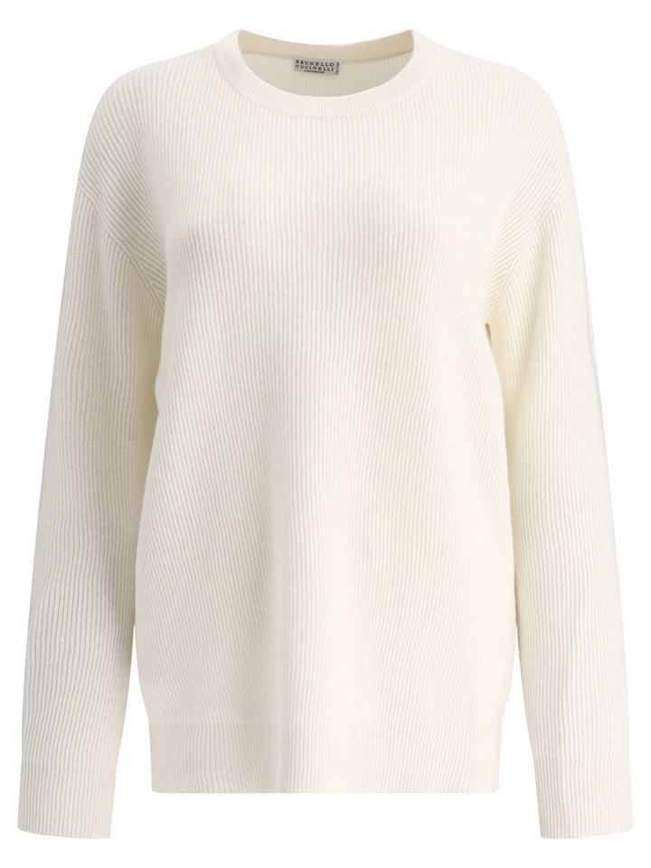 Brunello Cucinelli Maglia In Cashmere A Coste Inglesi Con Monile Knitwear - White | d1c866525085f504914183930a209533f820cd0f