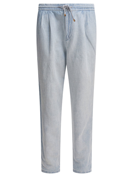Cotton Denim Pants And Linen Trousers Light Blue