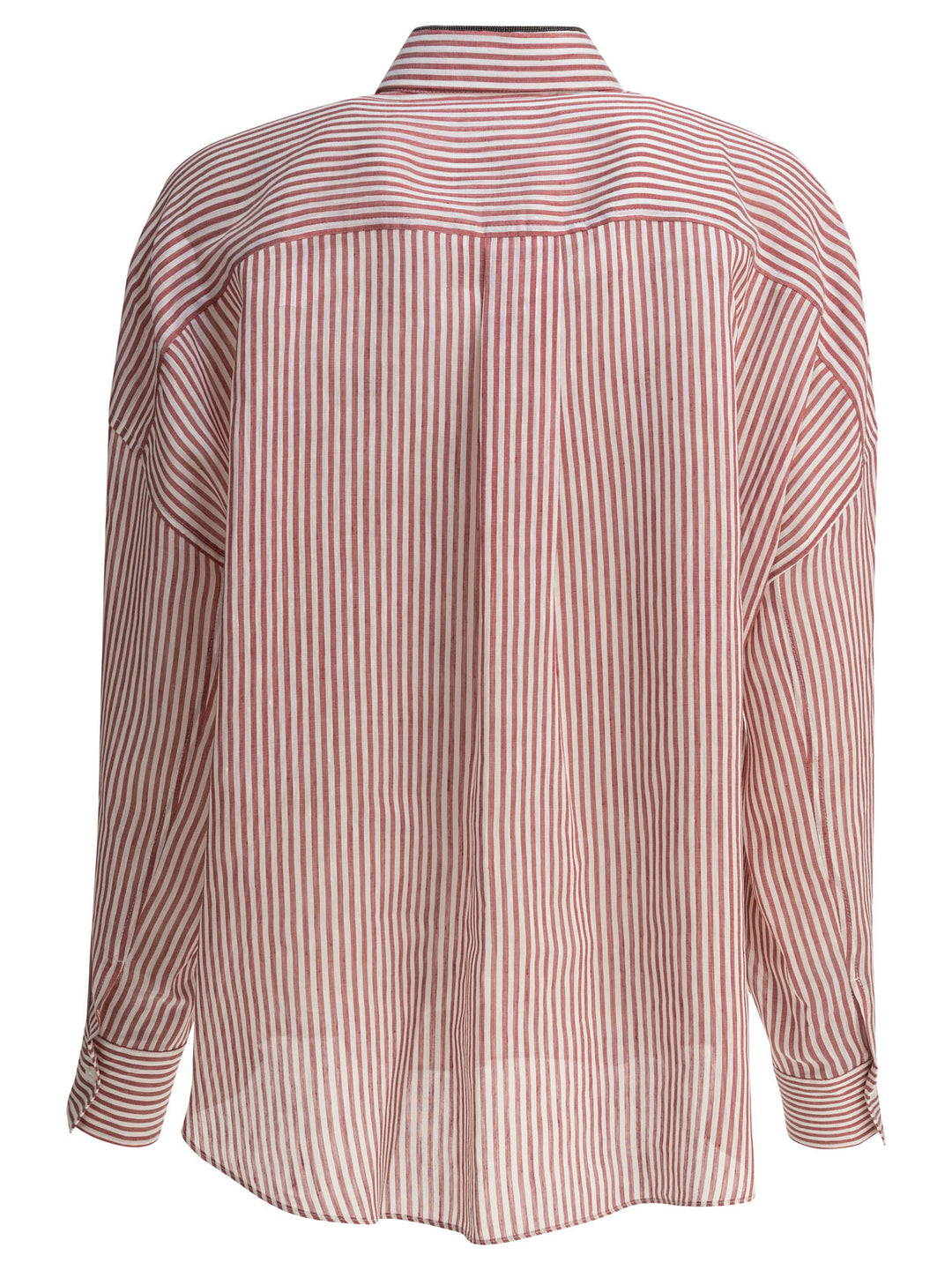 Brunello Cucinelli Linen And Silk Striped Organza Shirt With Shiny Collar Detail Shirts - Bordeaux | e1d5442aa5a35d250c8f9b6eb72c3996781df641