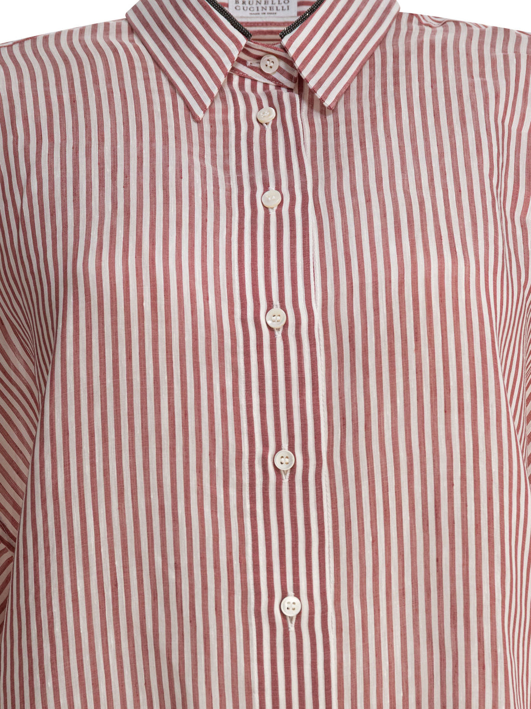 Brunello Cucinelli Linen And Silk Striped Organza Shirt With Shiny Collar Detail Shirts - Bordeaux | 99efac19c8a8427cf4bf9a583bf27f521bc6d6c3